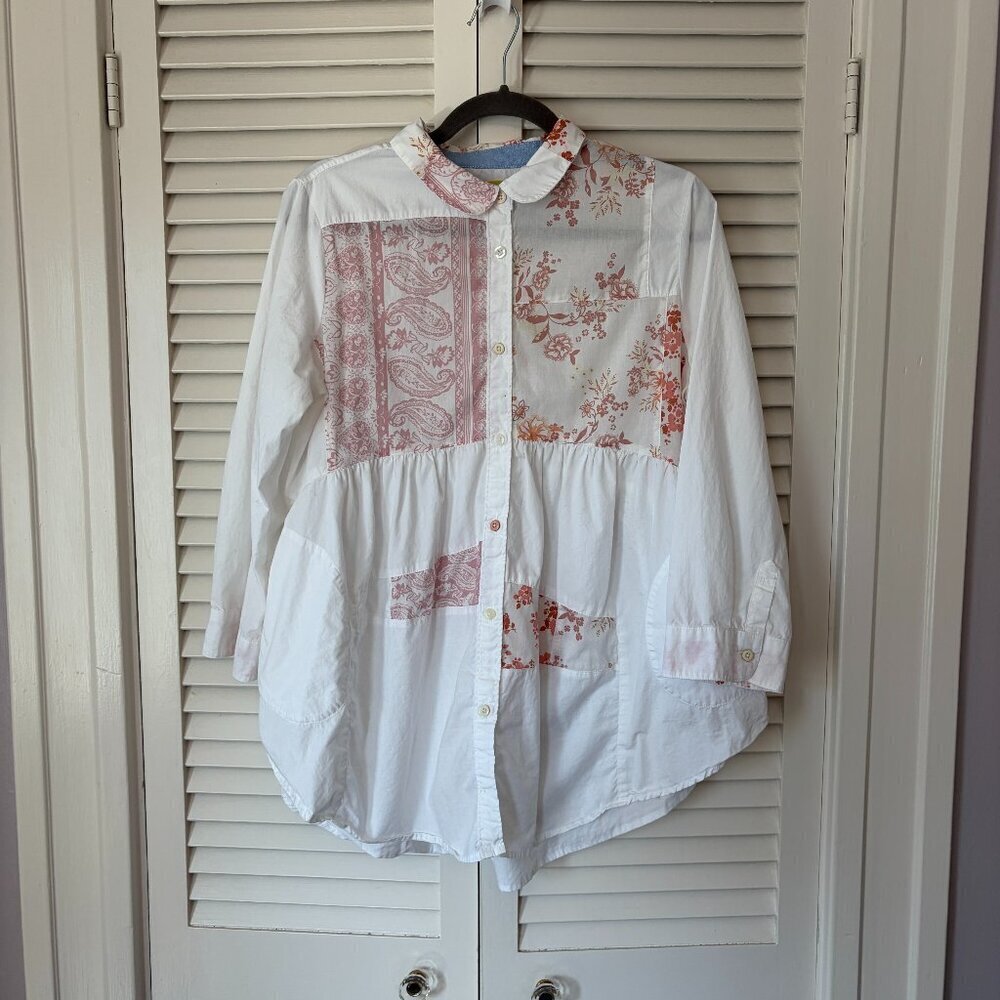 Anthropologie Maeve Patchwork Buttondown Tunic medium cotton white pink floral - Picture 2 of 12